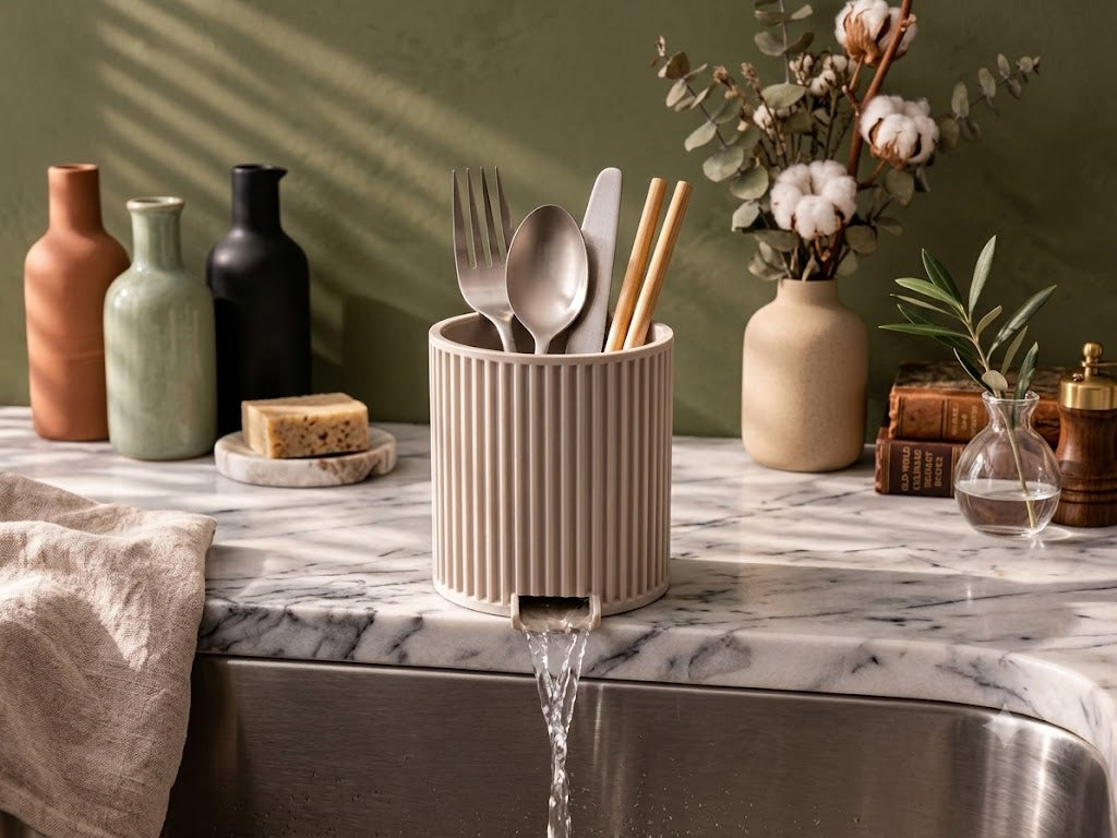 Japandi Cutlery Drain Cup — Ribbed Kitchen Caddy (4-inch)