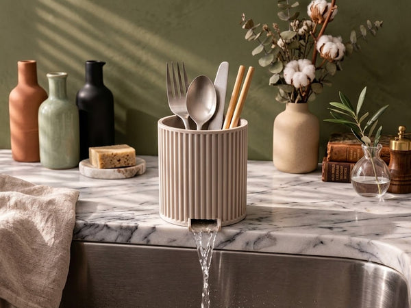 Japandi Cutlery Drain Cup — Ribbed Kitchen Caddy (4-inch)
